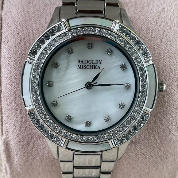 Badgley Mischka Ladies Watch Silver Tone Crystals Accent Analog Quartz Watch Box - Picture 3 of 12